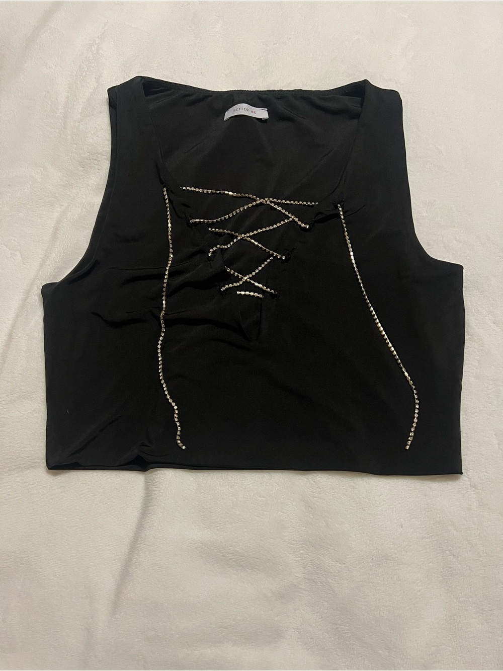 Better Be Black Tank Top with Rhinestone Lace-Up Front